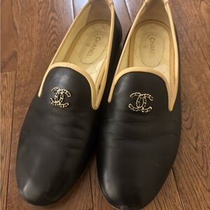 CHANEL Black and Gold Loafers